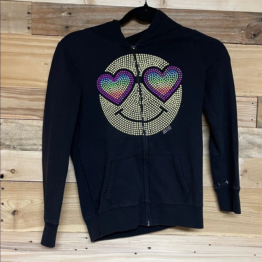 Justice size 10 Black Zip-Up Lightweight Hoodie with Colorful Smiley Face